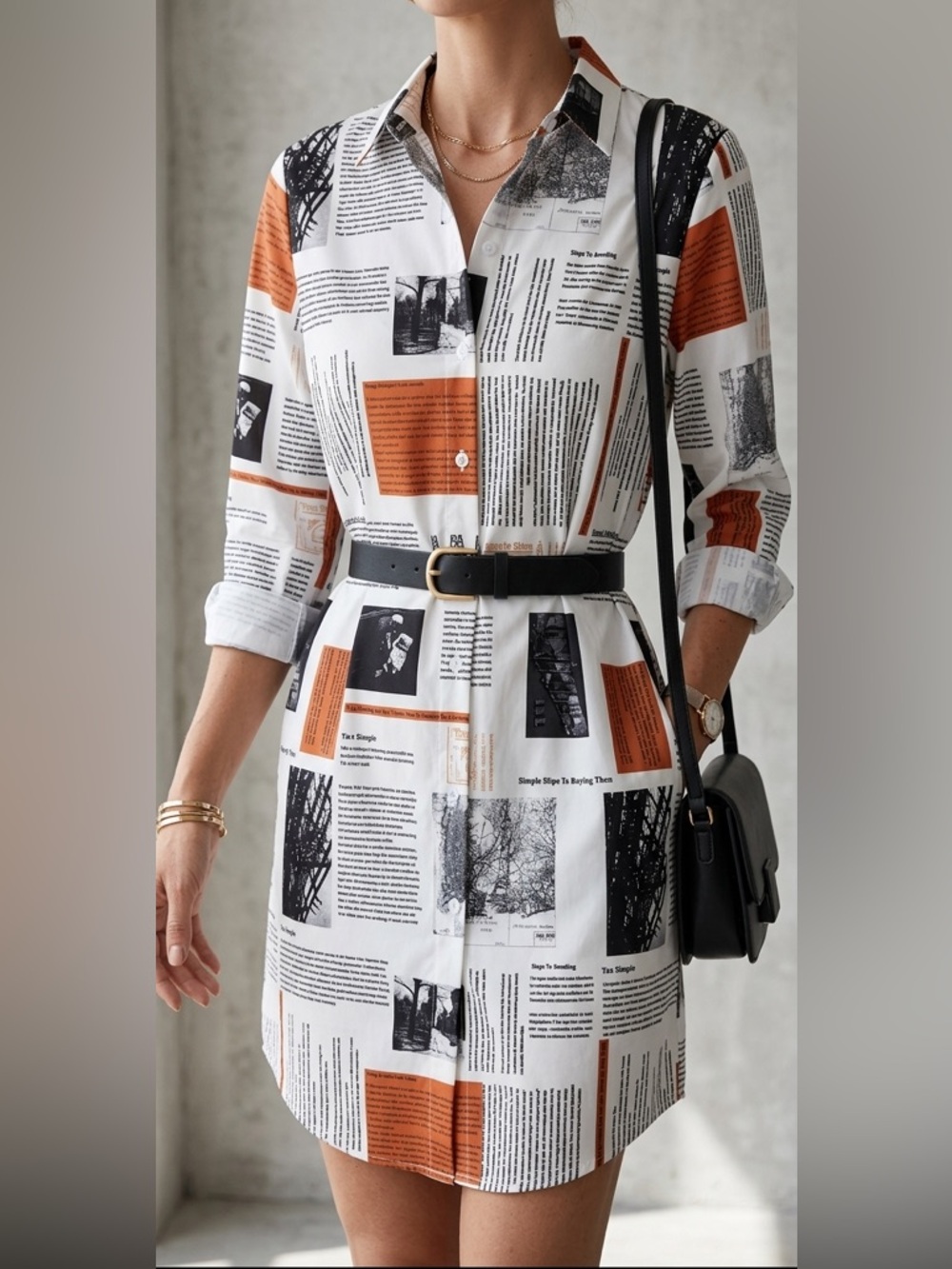 Graphic Newspaper Print Long Shirt Dress in White, Black & Orange